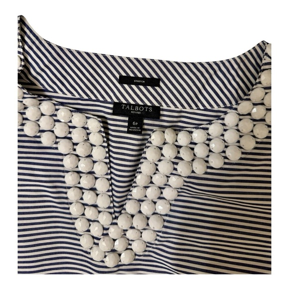 Talbots Blue White Striped Beaded Sleeveless Blouse Tank Size 6P Stretch - Picture 2 of 5